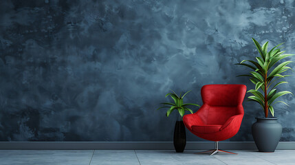 Wall Mural - a modern minimalist interior with a striking red chair against a dark blue wall, accompanied by a small green plant in a pot and a textured black vase