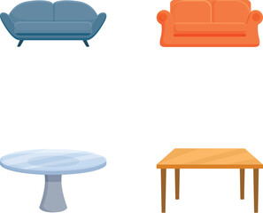 Poster - vector illustration of furniture icons featuring a blue sofa, an orange couch, a round table, and a 