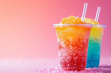 Two colorful slushie drink in plastic cup on gradient pink background with copy space. Multicolored frozen juice cocktail Slush. Summer tropical crushed ice beverage. Take away food. Closeup