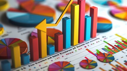 Poster - Development Graphs: Surround the arrow with various types of graphs and charts showing upward trends, such as bar graphs, line charts, and pie charts.