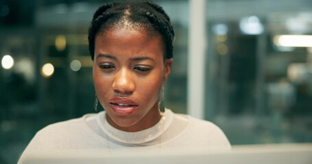 Poster - Confused, black woman and doubt with laptop in office for investment, mistake and phishing email. Night, investor and trader with tech at work for financial report, online fraud and digital scam