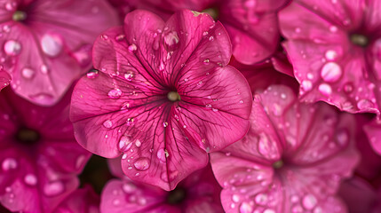 Wall Mural - a close-up view of vibrant pink petunia flowers with water droplets on their petals, highlighting the intricate details and fresh appearance of the flowers