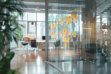 Wall Mural - Colorful sticky notes on glass wall in modern office workspace