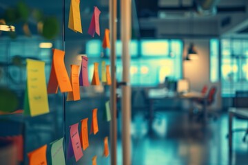 Wall Mural - Colorful sticky notes on glass wall in modern office workspace