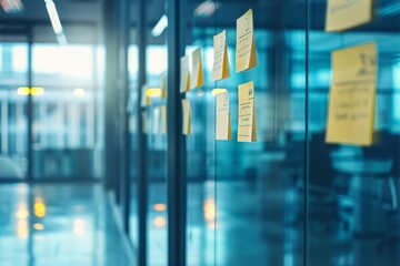 Wall Mural - Colorful sticky notes on glass wall in modern office workspace