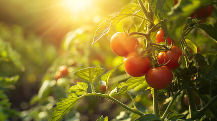 Poster - The image depicts ripe, red tomatoes on a vine surrounded by green leaves, bathed in sunlight, suggesting they are ready to be harvested