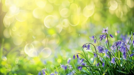 Wall Mural - Outdoor picture of bluebells in garden with blurry green background on a sunny spring day