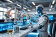 © Dipsky - The robot is dressed in a white lab coat and has a blue glowing head. It is standing in a modern laboratory with a large window. There are other robots in the background also working