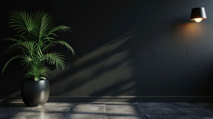 Wall Mural - beautiful black interior room with green plant in vase with black mockup wall decorated room with burning lamp. Generative AI