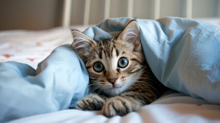 Canvas Print - A kitten is resting on a bed and gazing at the camera with its eyes wide open