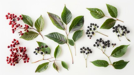Wall Mural - Chinese prickly ash berries and leaves displayed against a white backdrop