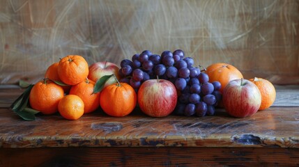 Tangerines grapes and apples arranged on a wooden surface