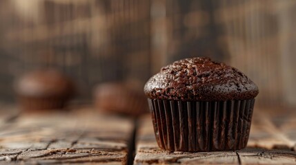 Poster - Chocolate muffin on wooden background with space for text Close up of chocolate cake on wood