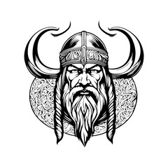 Wall Mural - Fantastic Viking with Helmet, Armor on the White background. Hand-drawn illustration for mascot sport logo badge label sign poster emblem patch t-shirt printing.
