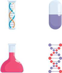 Poster - Set of four colorful vector icons depicting a dna helix, capsule pill, erlenmeyer flask, and molecular structure