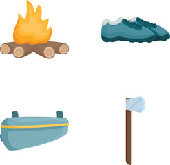 Poster - Set of four vector icons depicting camping equipment including a campfire, hiking shoe, fanny pack, and axe