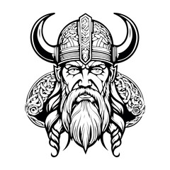 Wall Mural - Fantastic Viking with Helmet, Armor on the White background. Hand-drawn illustration for mascot sport logo badge label sign poster emblem patch t-shirt printing.
