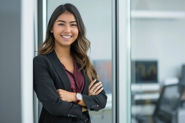 Wall Mural - A woman in a business suit is smiling and posing for a photo
