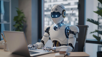 Poster - Ai replacing human in jobs concept photo. Humanoid robot sitting at desk in office typing on laptop. robot working as software engineer, programmer or data scientist, futuristic technology