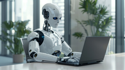 Poster - Ai replacing human in jobs concept photo. Humanoid robot sitting at desk in office typing on laptop. robot working as software engineer, programmer or data scientist, futuristic technology
