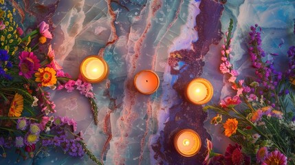 Wall Mural - Capture the essence of the Summer solstice celebration with a beautifully adorned altar featuring vibrant flowers flickering candles set against an abstract marble backdrop This scene richl