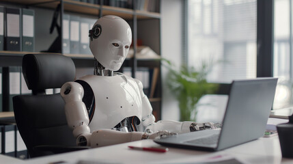 Poster - Ai replacing human in jobs concept photo. Humanoid robot sitting at desk in office typing on laptop. robot working as software engineer, programmer or data scientist, futuristic technology