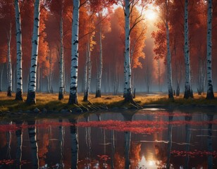Wall Mural - A beautiful birch grove on the edge of a lake at sunset. 