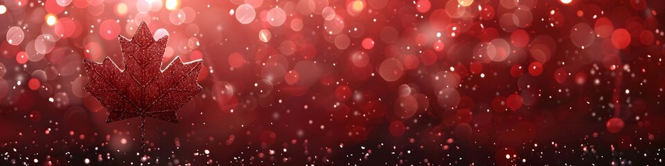 Canadian flag design with magical snowfall and sparkling lights on red bokeh background, abstract style, celebration of national day