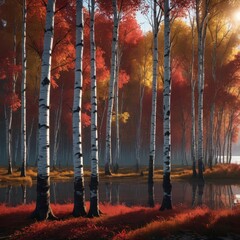 Wall Mural - A beautiful birch grove on the edge of a lake at sunset. 