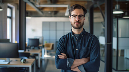 portrait of an American software engineer standing in modern office looking at camera, tech support worker 