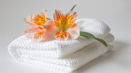 Alstroemeria flower and three white spa towels on white background