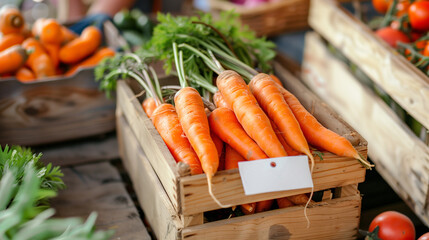 fresh carrots on the market with blank price board