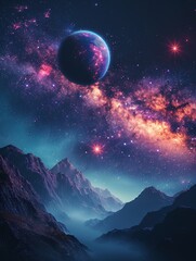 Wall Mural - a blue space illustration with planets and moons.