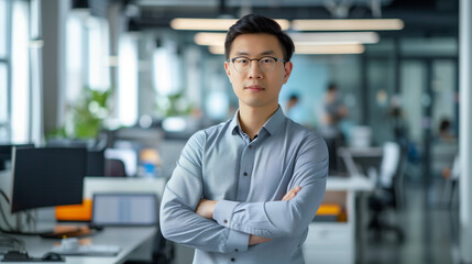 Poster - portrait of an Chinese software engineer standing in modern office looking at camera, tech support worker 