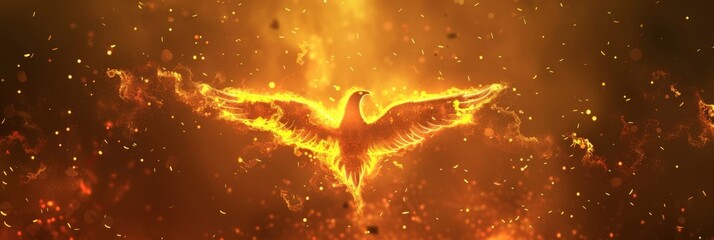 Canvas Print - Phoenix bird fire fantasy firebird abstract magic 3D eagle animal. Phoenix bird fire tale character illustration render hawk fairy wings graphic feather gold background fenix logo icon red art pheonix