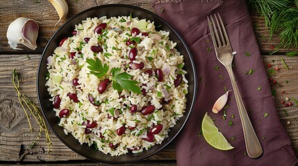 A typical Dominican food consisting of a bowl of rice and red beans with a lime on the side