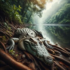 Wall Mural - crocodile resting on the river bank