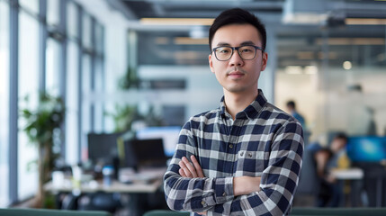 Poster - portrait of an Chinese software engineer standing in modern office looking at camera, tech support worker 