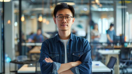 Poster - portrait of an Chinese software engineer standing in modern office looking at camera, tech support worker 