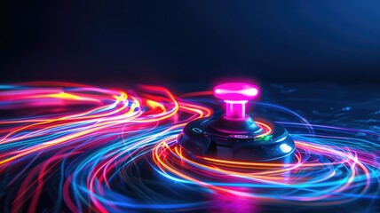 Multicolor light trails swirl around joystick in dark setup