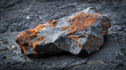 weathered rock with orange rust on dark surface
