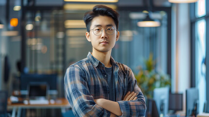 Poster - portrait of an Chinese software engineer standing in modern office looking at camera, tech support worker 
