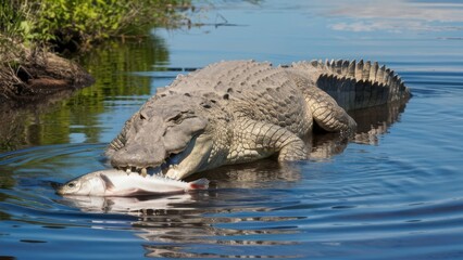 Wall Mural - a crocodile devouring a fish in a river, its powerful jaws clamped securely around the catch, water ripples echoing the primal energy of the hunt