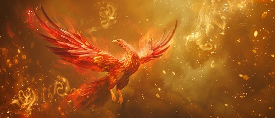 Poster - Phoenix bird fire fantasy firebird abstract magic 3D eagle animal. Phoenix bird fire tale character illustration render hawk fairy wings graphic feather gold background fenix logo icon red art pheonix