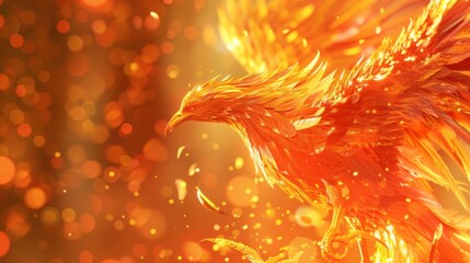 Canvas Print - Phoenix bird fire fantasy firebird abstract magic 3D eagle animal. Phoenix bird fire tale character illustration render hawk fairy wings graphic feather gold background fenix logo icon red art pheonix