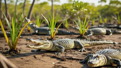 Wall Mural - A scene of tiny baby crocodiles emerging from their eggs, their small bodies covered in remnants of the shells, signaling the beginning of their journey into the world