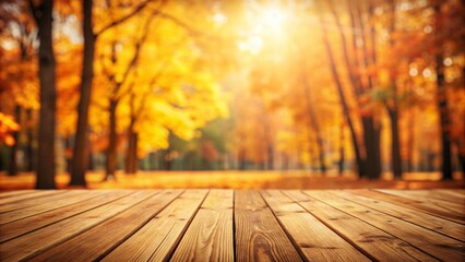 Wall Mural - Beautiful colorful natural autumn background. Wooden flooring on the background of a blurred autumn park