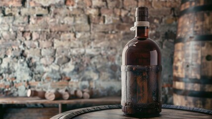 Wall Mural - Dark bottle in vintage setting, wooden barrel background