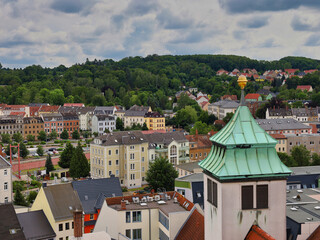 Blick vom Rathausturm über die Stadt, Rathaus Döbeln am 31. Mai 2024, Landkreis Mittelsachsen, Sachsen, Deutschland	