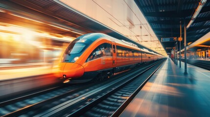 High speed train in motion on the railway station